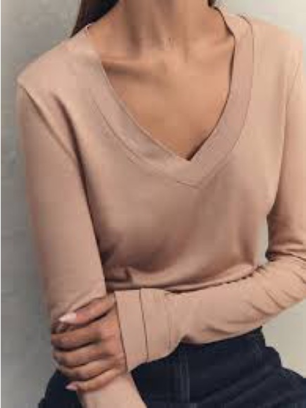 Mango silk/cashmere V-Neck Long Sleeve Top in Blush